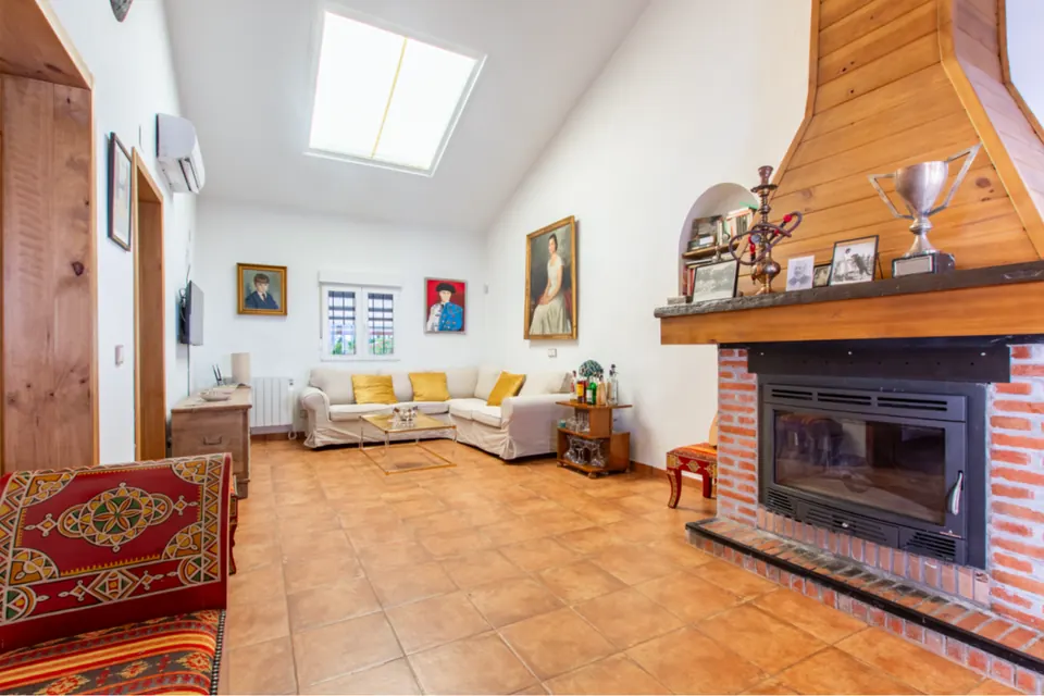 El salón de la casa con chimenea de leña
